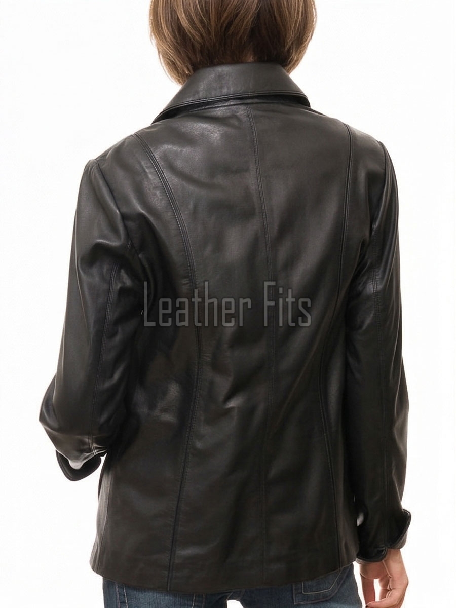 Sleek Onyx Black Leather Tailored Blazer - Women's Classic Single Breasted Button Up Structured Fit Premium Lambskin Corporate Smart Garment