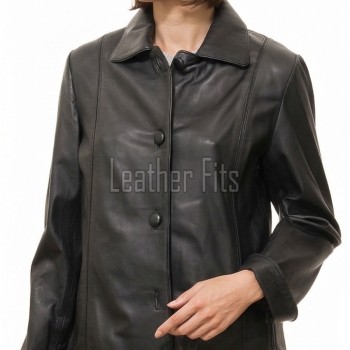 Sleek Onyx Black Leather Tailored Blazer - Women's Classic Single Breasted Button Up Structured Fit Premium Lambskin Corporate Smart Garment