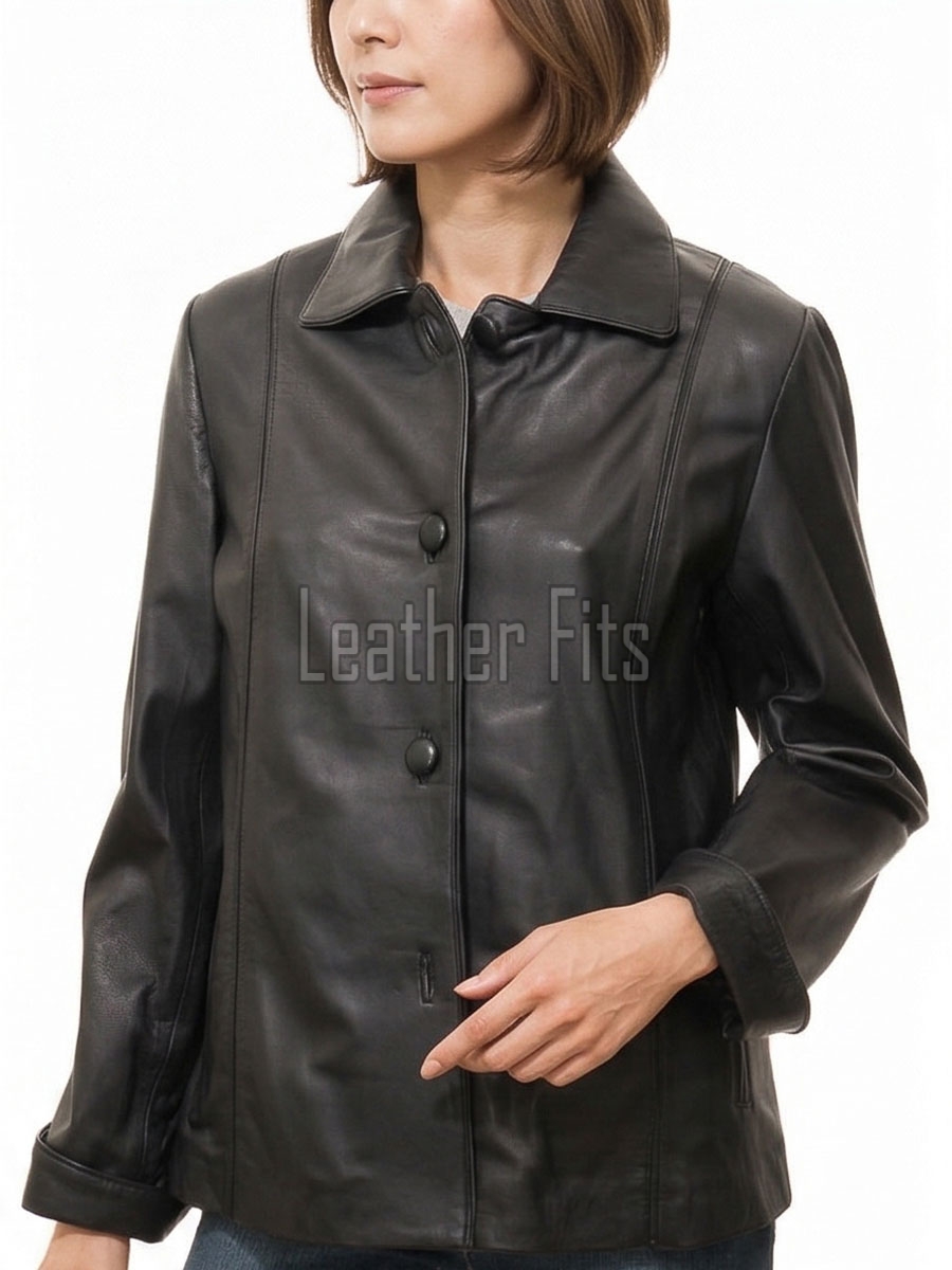 Sleek Onyx Black Leather Tailored Blazer - Women's Classic Single Breasted Button Up Structured Fit Premium Lambskin Corporate Smart Garment