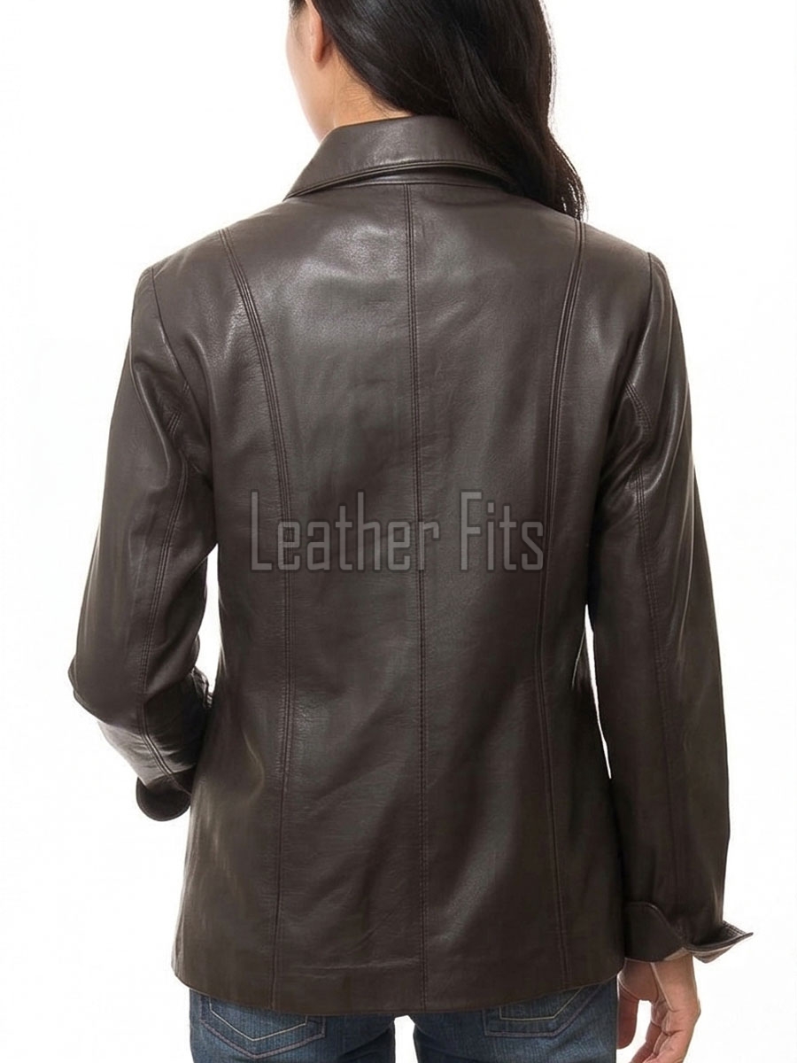 Chic Cocoa Brown Leather Tailored Blazer - Women's Classic Single Breasted Button Up Structured Fit Premium Lambskin Corporate Smart Garment