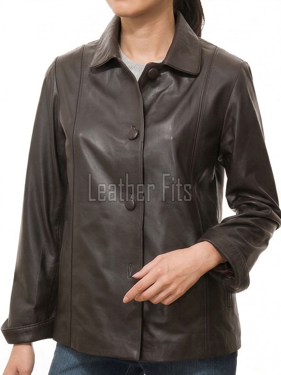 Chic Cocoa Brown Leather Tailored Blazer - Women's Classic Single Breasted Button Up Structured Fit Premium Lambskin Corporate Smart Garment