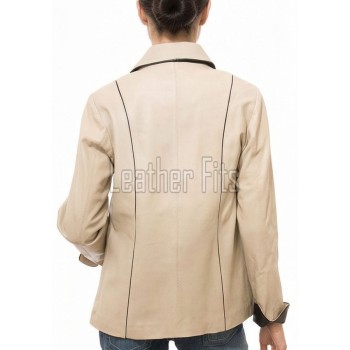 Regal Cream Beige Leather Contrast Blazer - Women's Luxury Single Breasted Dark Piping Trimmed Slim Fit Premium Lambskin Tailored Elite Garment