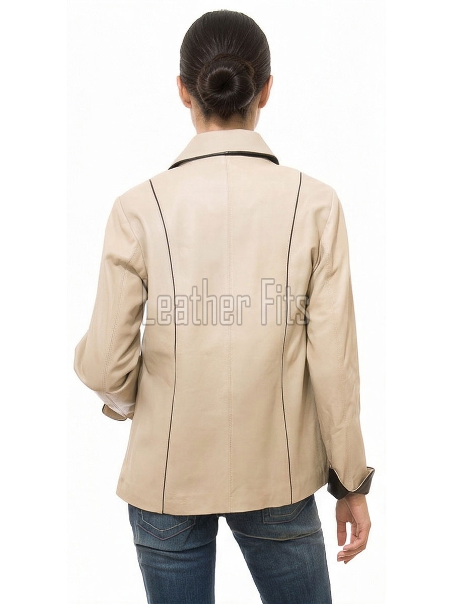 Regal Cream Beige Leather Contrast Blazer - Women's Luxury Single Breasted Dark Piping Trimmed Slim Fit Premium Lambskin Tailored Elite Garment