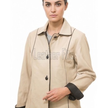 Regal Cream Beige Leather Contrast Blazer - Women's Luxury Single Breasted Dark Piping Trimmed Slim Fit Premium Lambskin Tailored Elite Garment