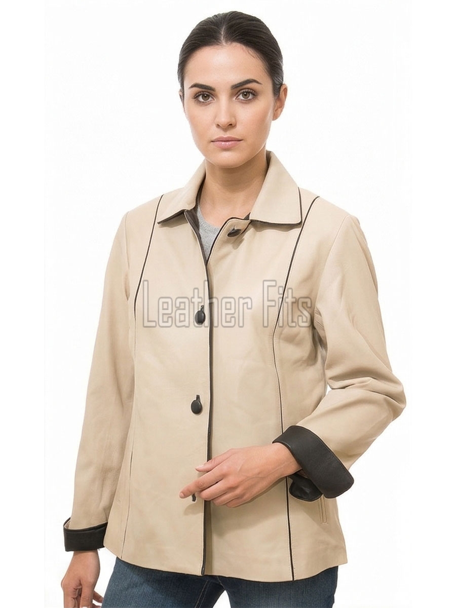 Regal Cream Beige Leather Contrast Blazer - Women's Luxury Single Breasted Dark Piping Trimmed Slim Fit Premium Lambskin Tailored Elite Garment