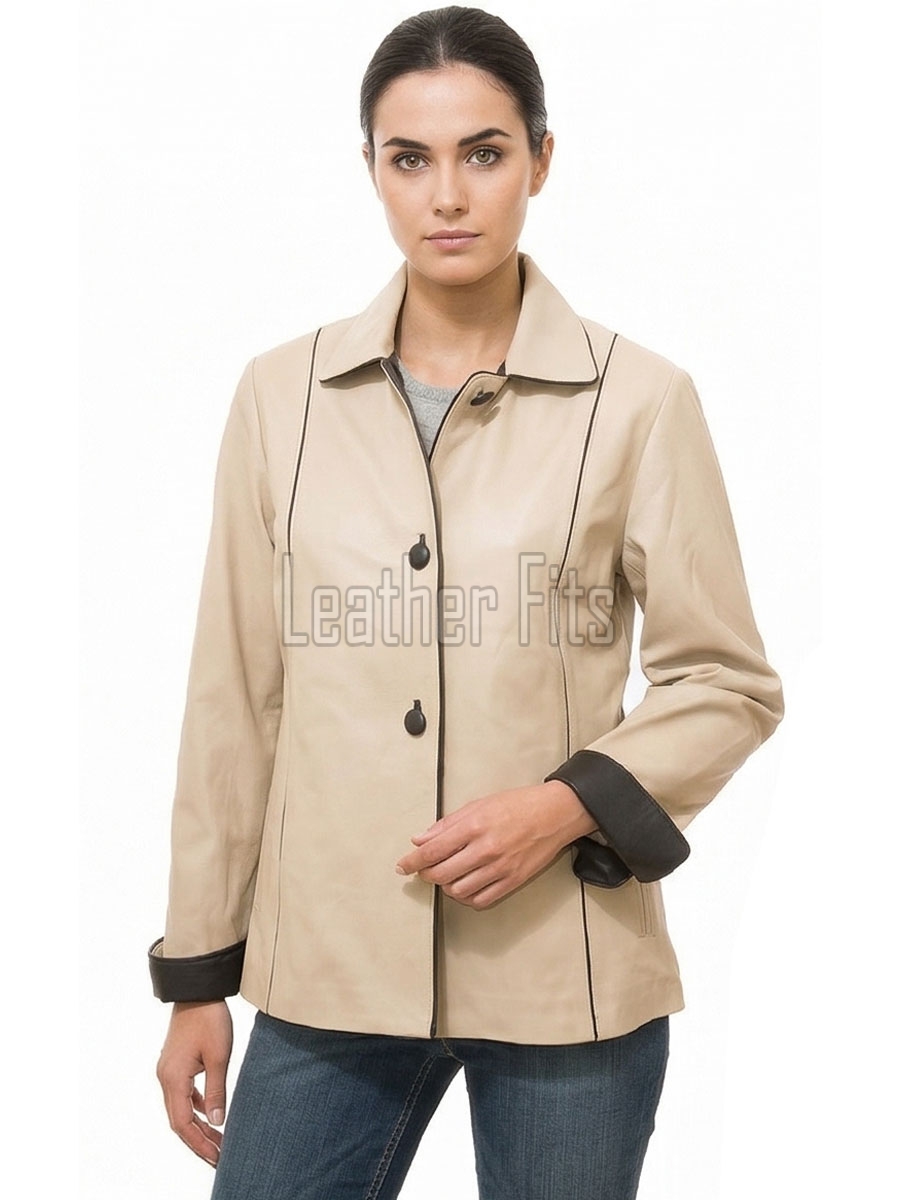 Regal Cream Beige Leather Contrast Blazer - Women's Luxury Single Breasted Dark Piping Trimmed Slim Fit Premium Lambskin Tailored Elite Garment