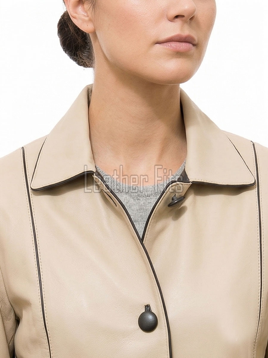 Regal Cream Beige Leather Contrast Blazer - Women's Luxury Single Breasted Dark Piping Trimmed Slim Fit Premium Lambskin Tailored Elite Garment