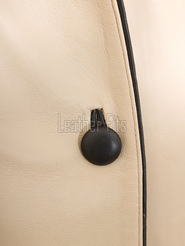 Regal Cream Beige Leather Contrast Blazer - Women's Luxury Single Breasted Dark Piping Trimmed Slim Fit Premium Lambskin Tailored Elite Garment