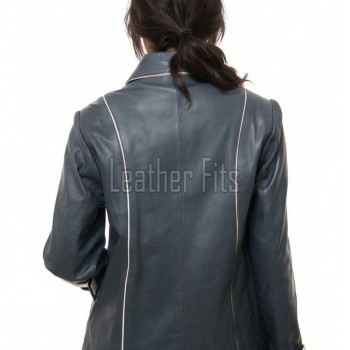 Stylish Slate Blue Leather Contrast Blazer - Women's Luxury Single Breasted Cream Piping Trimmed Slim Fit Premium Lambskin Tailored Garments