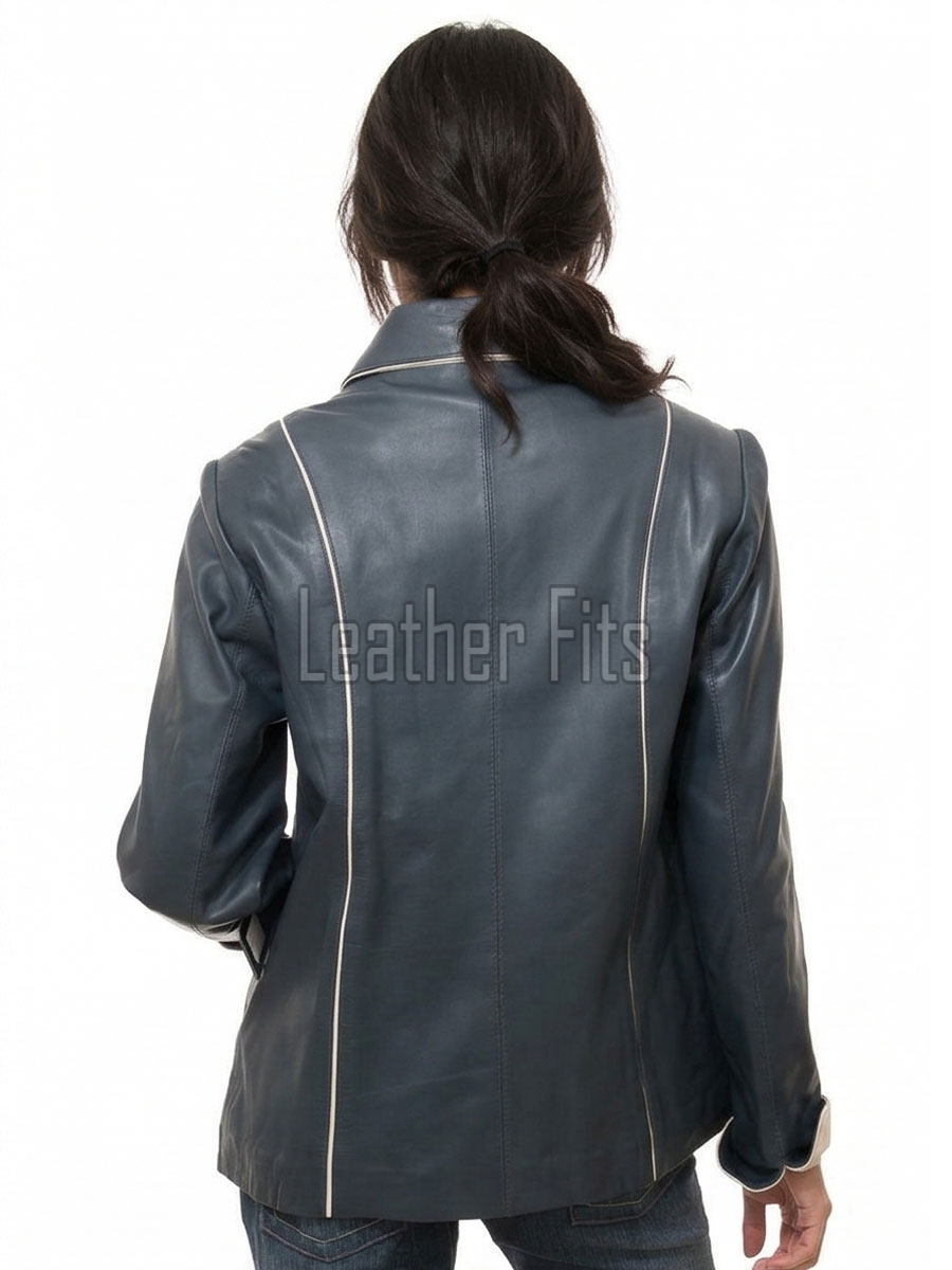Stylish Slate Blue Leather Contrast Blazer - Women's Luxury Single Breasted Cream Piping Trimmed Slim Fit Premium Lambskin Tailored Garments