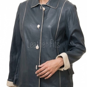 Stylish Slate Blue Leather Contrast Blazer - Women's Luxury Single Breasted Cream Piping Trimmed Slim Fit Premium Lambskin Tailored Garments