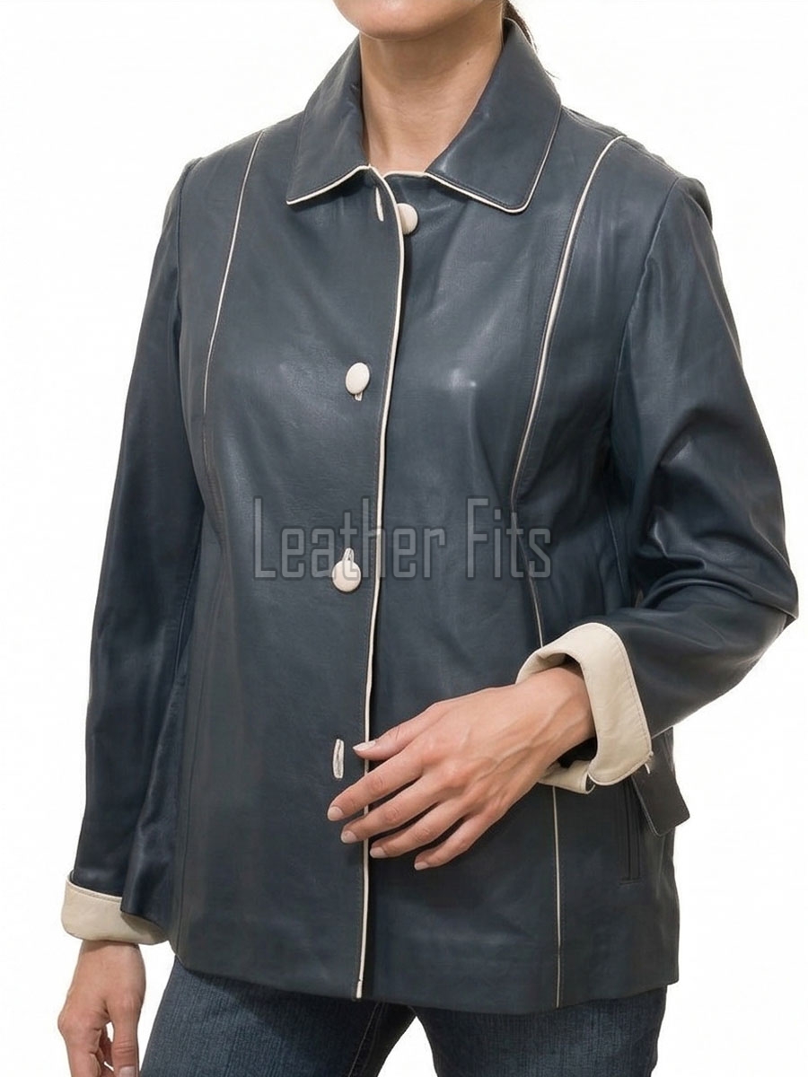 Stylish Slate Blue Leather Contrast Blazer - Women's Luxury Single Breasted Cream Piping Trimmed Slim Fit Premium Lambskin Tailored Garments