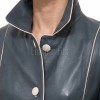 Stylish Slate Blue Leather Contrast Blazer - Women's Luxury Single Breasted Cream Piping Trimmed Slim Fit Premium Lambskin Tailored Garments