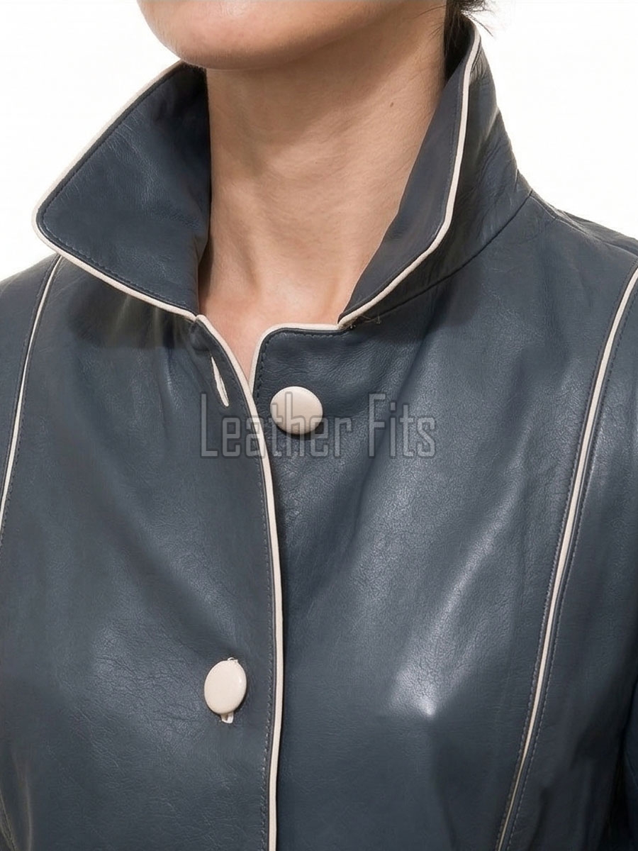 Stylish Slate Blue Leather Contrast Blazer - Women's Luxury Single Breasted Cream Piping Trimmed Slim Fit Premium Lambskin Tailored Garments