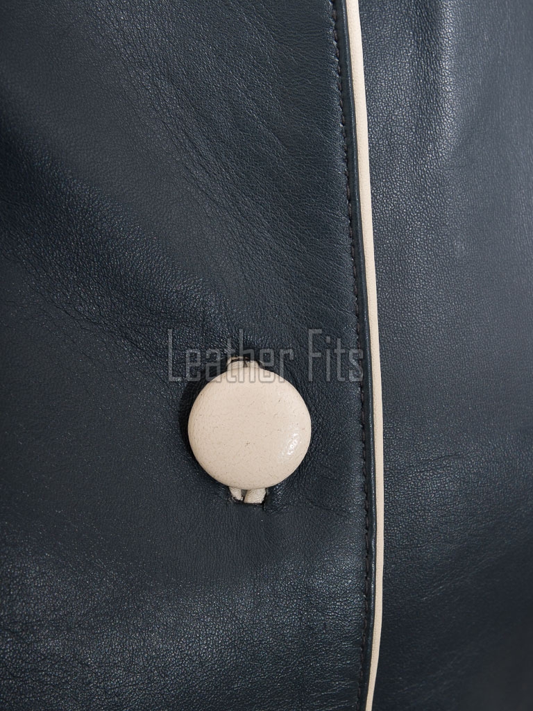 Stylish Slate Blue Leather Contrast Blazer - Women's Luxury Single Breasted Cream Piping Trimmed Slim Fit Premium Lambskin Tailored Garments