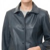 Modern Navy Blue Leather Structured Blazer - Women's Classic Single Breasted Leather Covered Button Up Fitted Premium Lambskin Elegant Garment