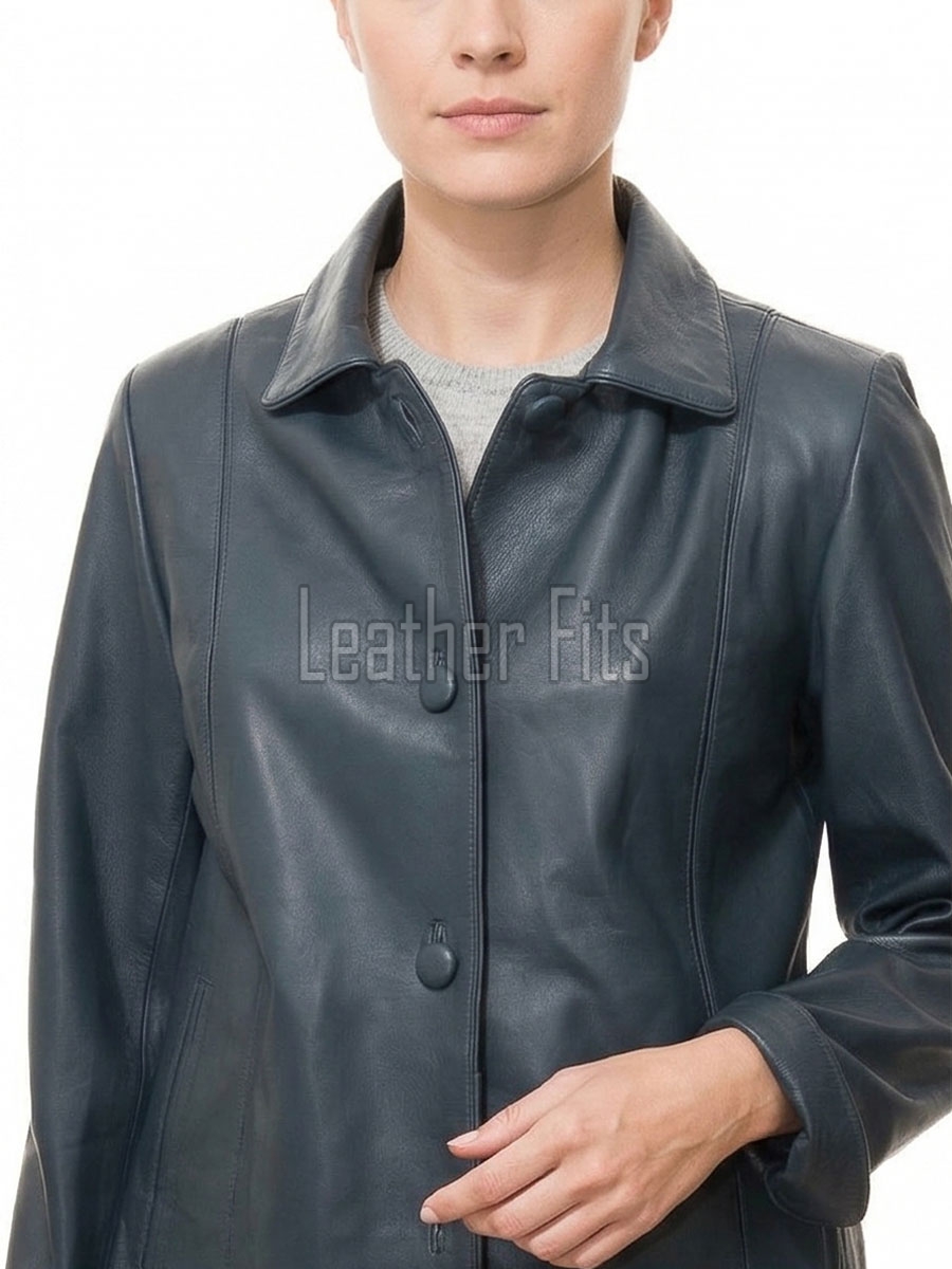 Modern Navy Blue Leather Structured Blazer - Women's Classic Single Breasted Leather Covered Button Up Fitted Premium Lambskin Elegant Garment