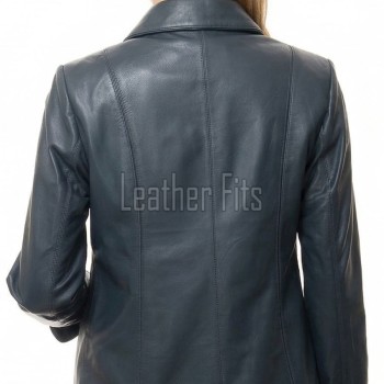 Modern Navy Blue Leather Structured Blazer - Women's Classic Single Breasted Leather Covered Button Up Fitted Premium Lambskin Elegant Garment