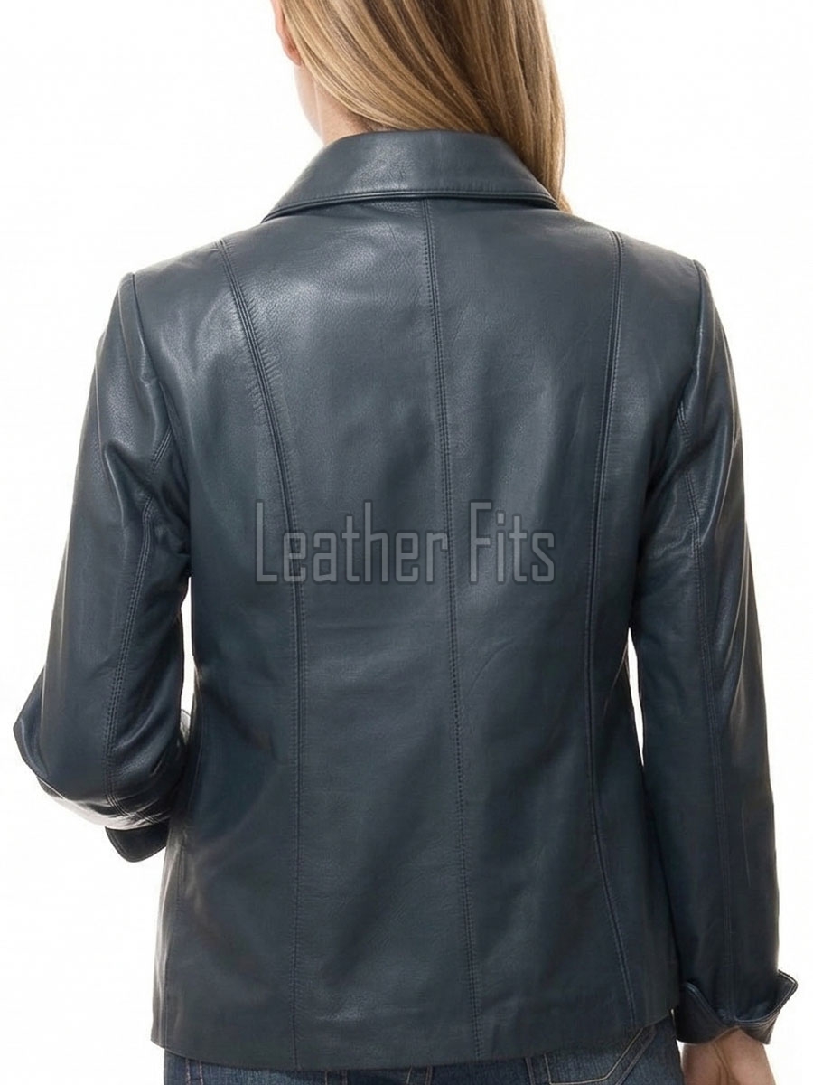 Modern Navy Blue Leather Structured Blazer - Women's Classic Single Breasted Leather Covered Button Up Fitted Premium Lambskin Elegant Garment