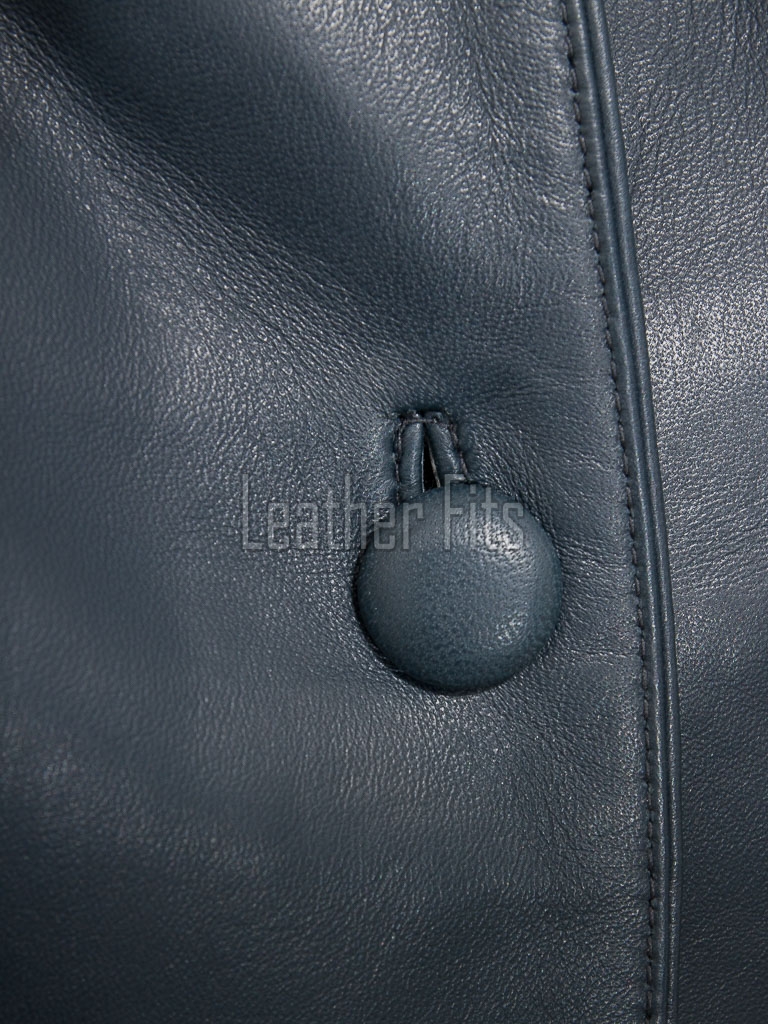 Modern Navy Blue Leather Structured Blazer - Women's Classic Single Breasted Leather Covered Button Up Fitted Premium Lambskin Elegant Garment