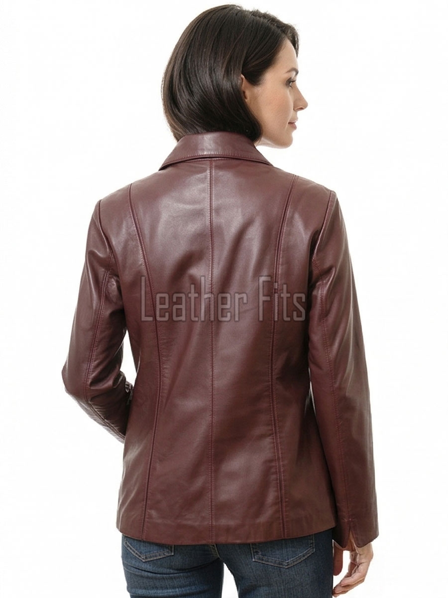 Vogue Burgundy Leather Structured Blazer - Women's Classic Single Breasted Leather Covered Button Fitted Premium Lambskin Wine Red Garments!