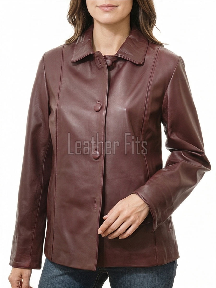 Vogue Burgundy Leather Structured Blazer - Women's Classic Single Breasted Leather Covered Button Fitted Premium Lambskin Wine Red Garments!