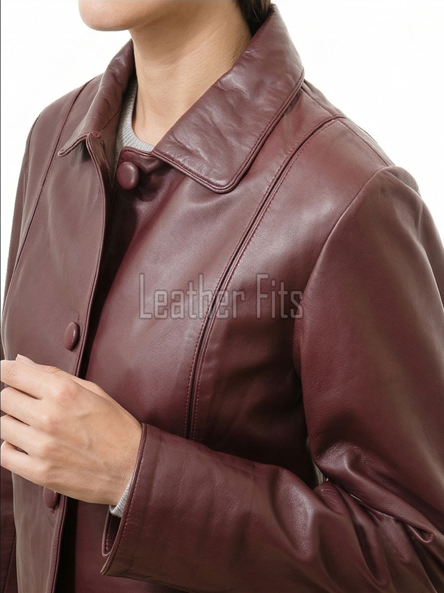 Vogue Burgundy Leather Structured Blazer - Women's Classic Single Breasted Leather Covered Button Fitted Premium Lambskin Wine Red Garments!