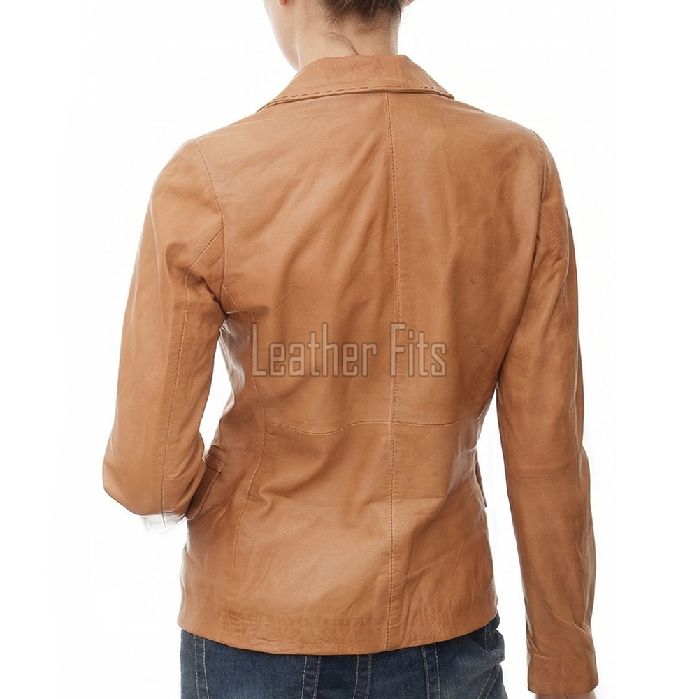 Tan Beige Leather Hand-Stitched Blazer - Women's Luxury Two Button Notched Lapel Slim Fit Premium Lambskin Tailored Camel Tone Garment