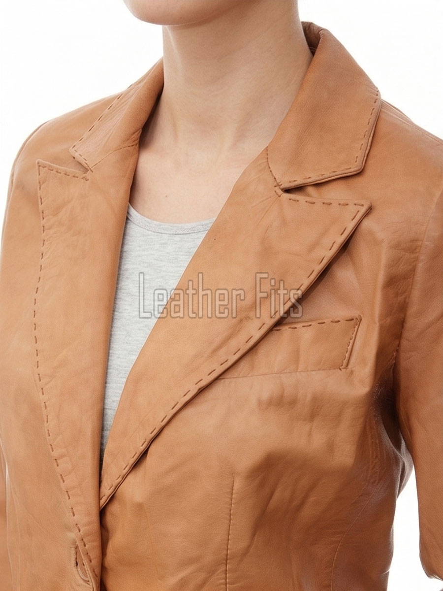 Tan Beige Leather Hand-Stitched Blazer - Women's Luxury Two Button Notched Lapel Slim Fit Premium Lambskin Tailored Camel Tone Garment