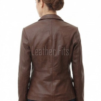 Artisanal Espresso Brown Leather Tailored Blazer - Women's Elite Two Button Notch Lapel Hand-Stitched Premium Lambskin Fitted Office Garment