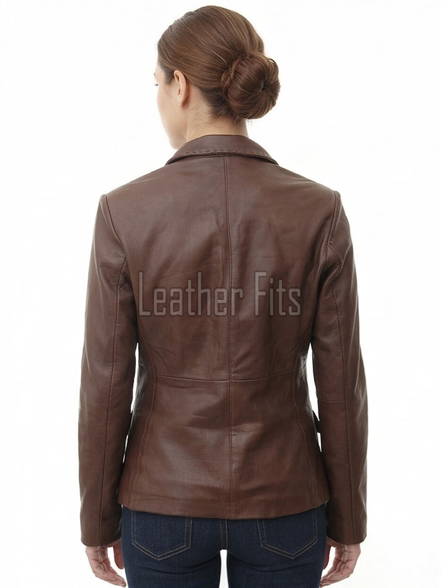 Artisanal Espresso Brown Leather Tailored Blazer - Women's Elite Two Button Notch Lapel Hand-Stitched Premium Lambskin Fitted Office Garment
