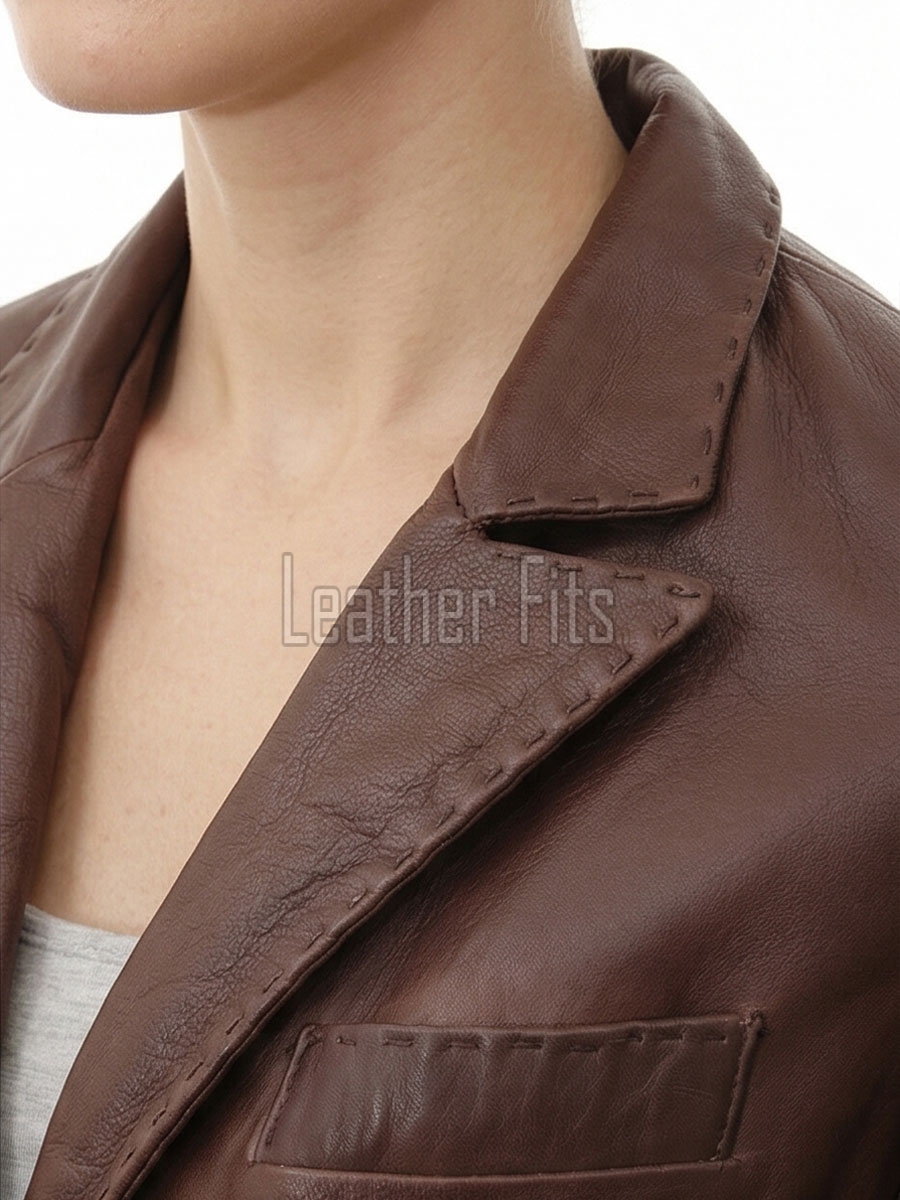 Artisanal Espresso Brown Leather Tailored Blazer - Women's Elite Two Button Notch Lapel Hand-Stitched Premium Lambskin Fitted Office Garment