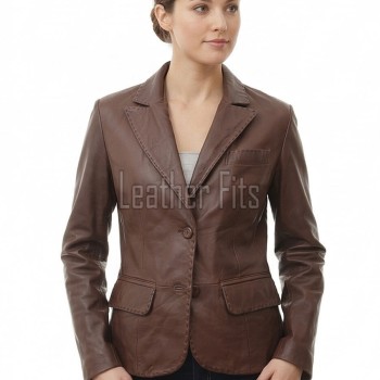 Artisanal Espresso Brown Leather Tailored Blazer - Women's Elite Two Button Notch Lapel Hand-Stitched Premium Lambskin Fitted Office Garment
