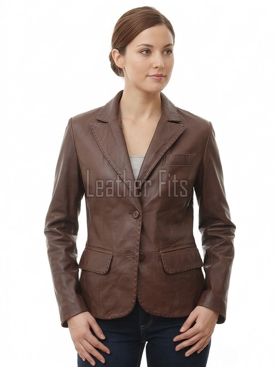 Artisanal Espresso Brown Leather Tailored Blazer - Women's Elite Two Button Notch Lapel Hand-Stitched Premium Lambskin Fitted Office Garment