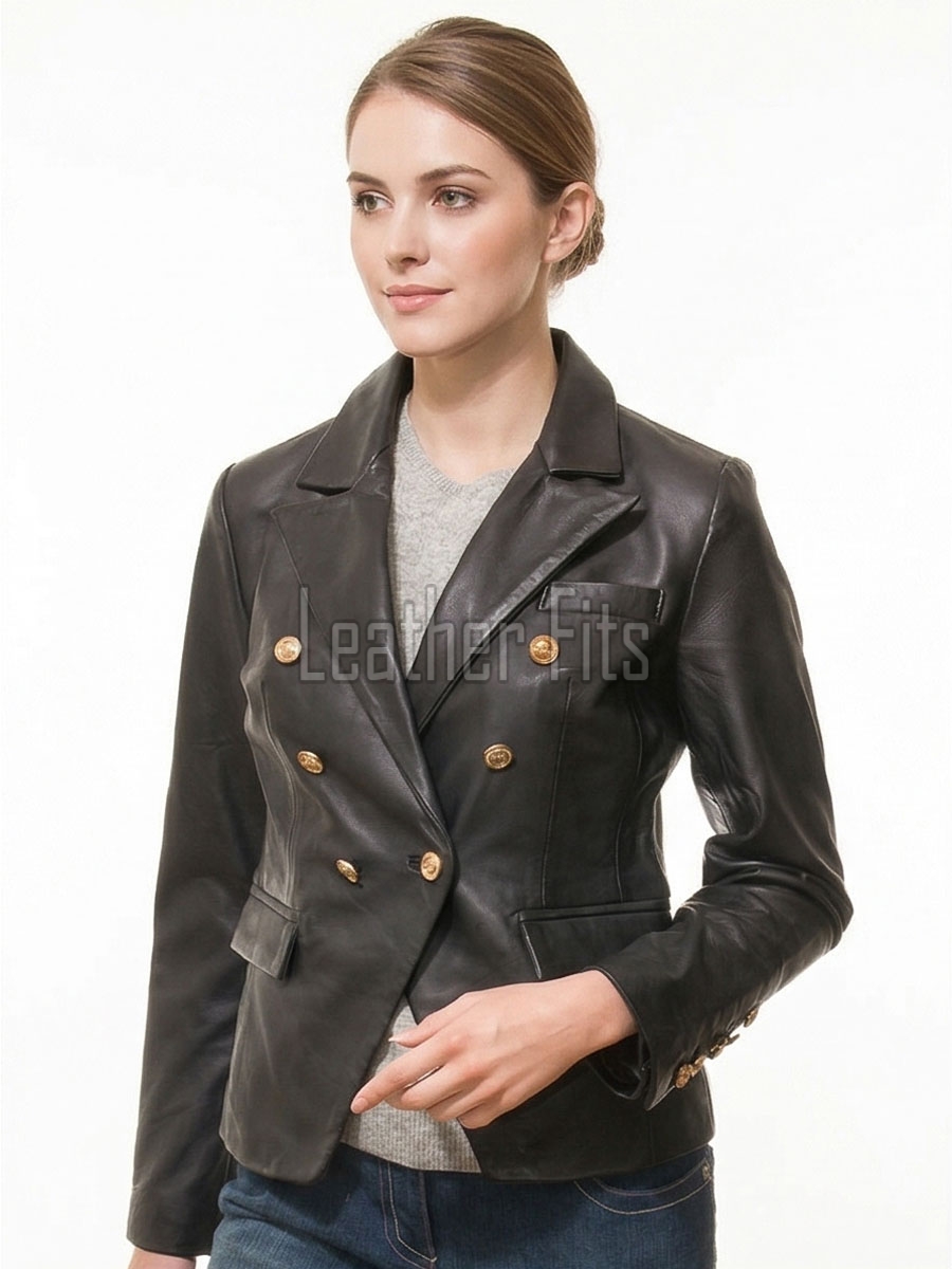 Elite Midnight Black Double Breasted Leather Blazer - Women's Classic Gold Button Embellished Structured Fitted Premium Lambskin Elegant Garment