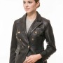 Elite Midnight Black Double Breasted Leather Blazer - Women's Classic Gold Button Embellished Structured Fitted Premium Lambskin Elegant Garment