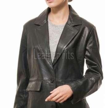 Urban Onyx Black Single Button Leather Blazer - Women's Premium Lambskin Structured Notch Lapel Tailored Flap Pocket Sleek Minimalist Garment