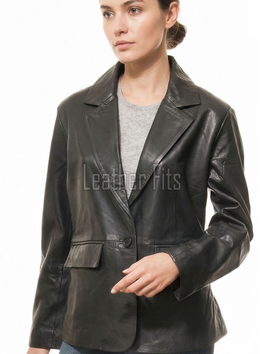Urban Onyx Black Single Button Leather Blazer - Women's Premium Lambskin Structured Notch Lapel Tailored Flap Pocket Sleek Minimalist Garment