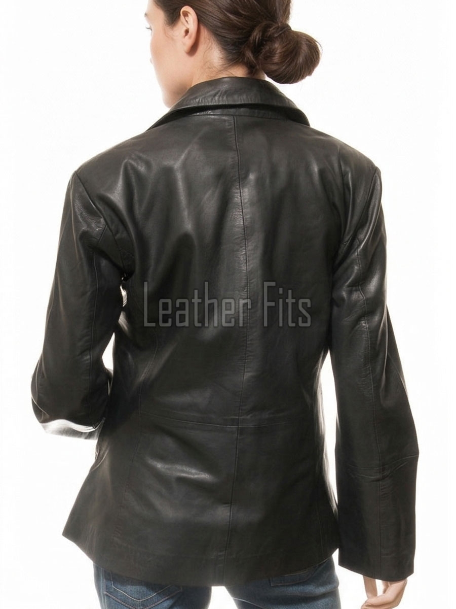 Urban Onyx Black Single Button Leather Blazer - Women's Premium Lambskin Structured Notch Lapel Tailored Flap Pocket Sleek Minimalist Garment