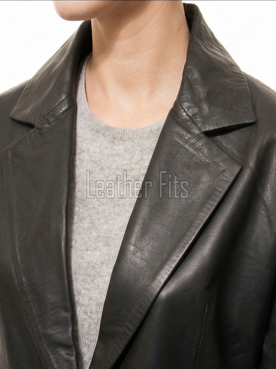 Urban Onyx Black Single Button Leather Blazer - Women's Premium Lambskin Structured Notch Lapel Tailored Flap Pocket Sleek Minimalist Garment