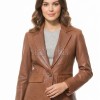 Sleek Amber Cognac Single Button Leather Blazer - Women's Premium Lambskin Structured Notch Lapel Tailored Flap Pocket Smart Fitted Garment