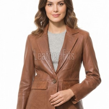 Sleek Amber Cognac Single Button Leather Blazer - Women's Premium Lambskin Structured Notch Lapel Tailored Flap Pocket Smart Fitted Garment
