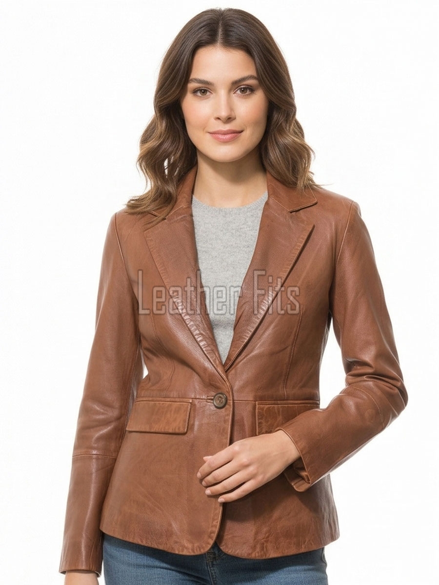 Sleek Amber Cognac Single Button Leather Blazer - Women's Premium Lambskin Structured Notch Lapel Tailored Flap Pocket Smart Fitted Garment