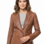 Sleek Amber Cognac Single Button Leather Blazer - Women's Premium Lambskin Structured Notch Lapel Tailored Flap Pocket Smart Fitted Garment