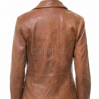 Sleek Amber Cognac Single Button Leather Blazer - Women's Premium Lambskin Structured Notch Lapel Tailored Flap Pocket Smart Fitted Garment
