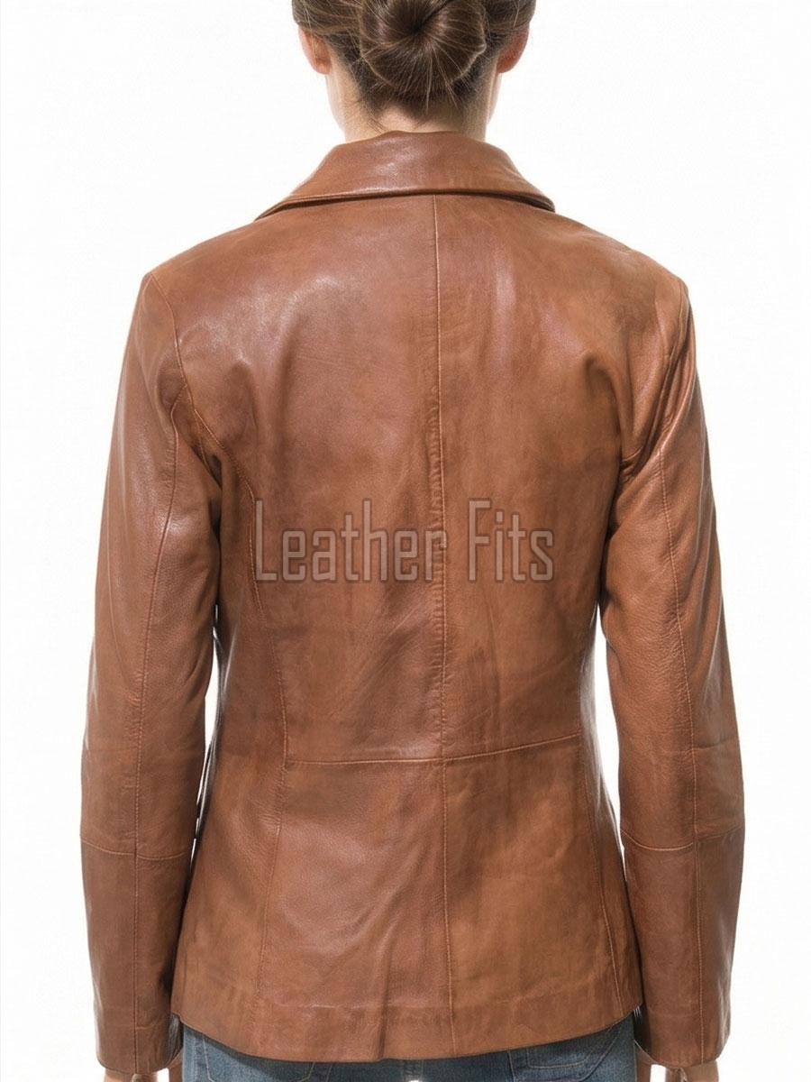 Sleek Amber Cognac Single Button Leather Blazer - Women's Premium Lambskin Structured Notch Lapel Tailored Flap Pocket Smart Fitted Garment