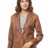 Sleek Amber Cognac Single Button Leather Blazer - Women's Premium Lambskin Structured Notch Lapel Tailored Flap Pocket Smart Fitted Garment