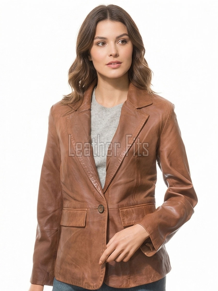 Sleek Amber Cognac Single Button Leather Blazer - Women's Premium Lambskin Structured Notch Lapel Tailored Flap Pocket Smart Fitted Garment