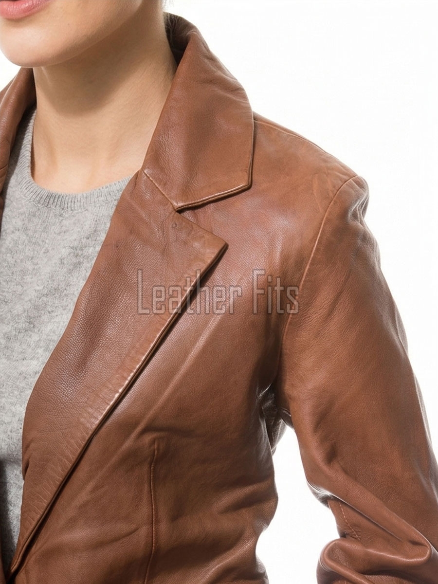 Sleek Amber Cognac Single Button Leather Blazer - Women's Premium Lambskin Structured Notch Lapel Tailored Flap Pocket Smart Fitted Garment