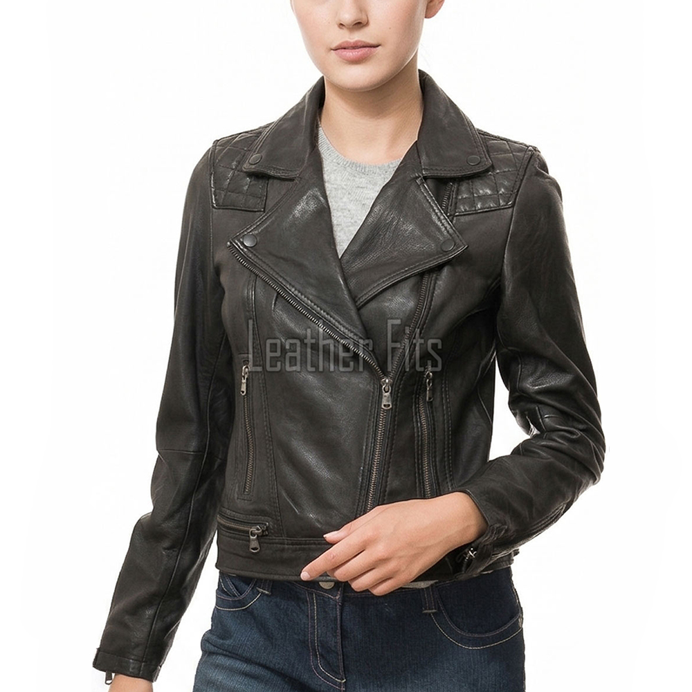 Women's Luxury Black Lambskin Biker Jacket - Fitted Asymmetrical Real Leather Motorcycle Coat with Quilted Shoulders
